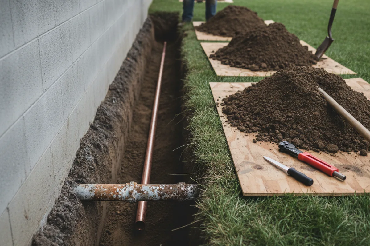 Excavated water line trench during Sewer Line Repair in Hope